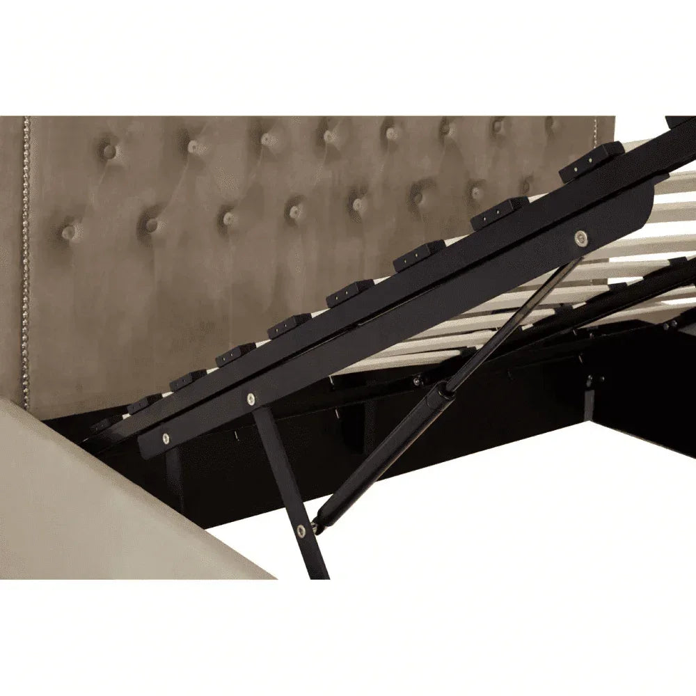 Velvet upholstered ottoman bed frame with lift-up slatted base and padded headboard detail