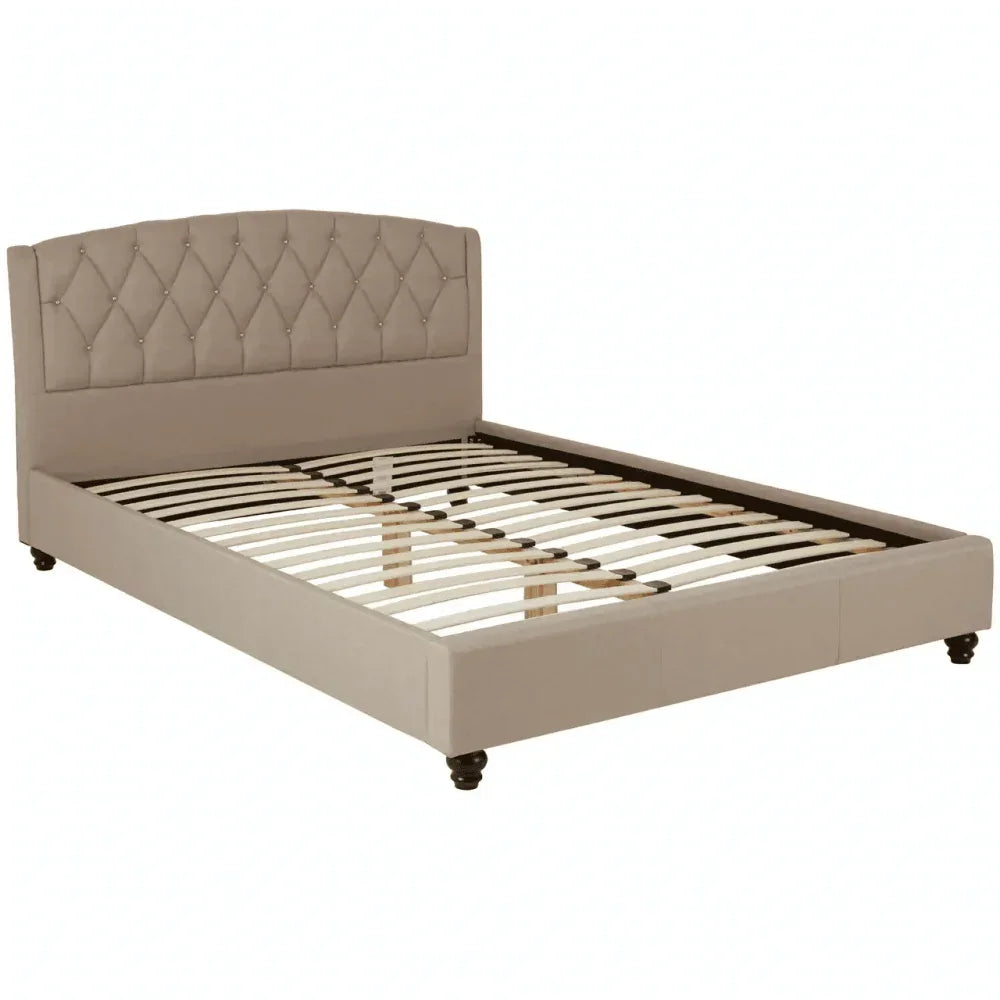 Beige upholstered bed frame with diamond tufted headboard and wooden slatted base
