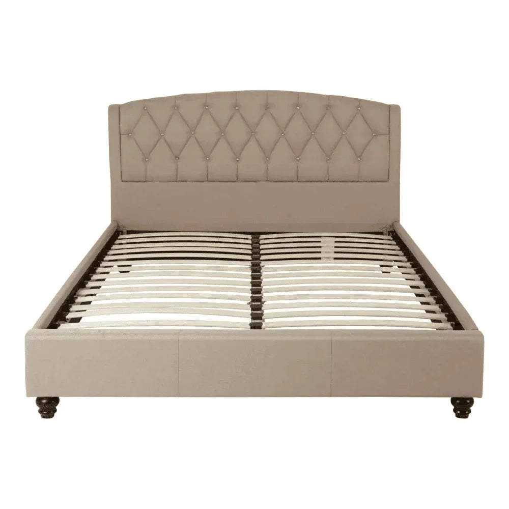 Beige upholstered bed frame with diamond tufted headboard and wooden slats, front view