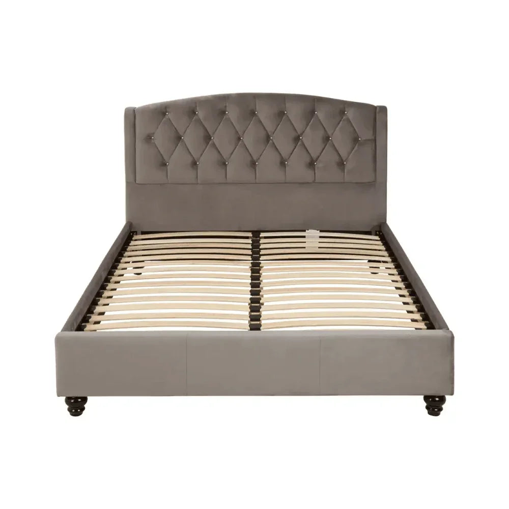 Grey upholstered bed frame with diamond buttoned headboard and wooden slats, front view