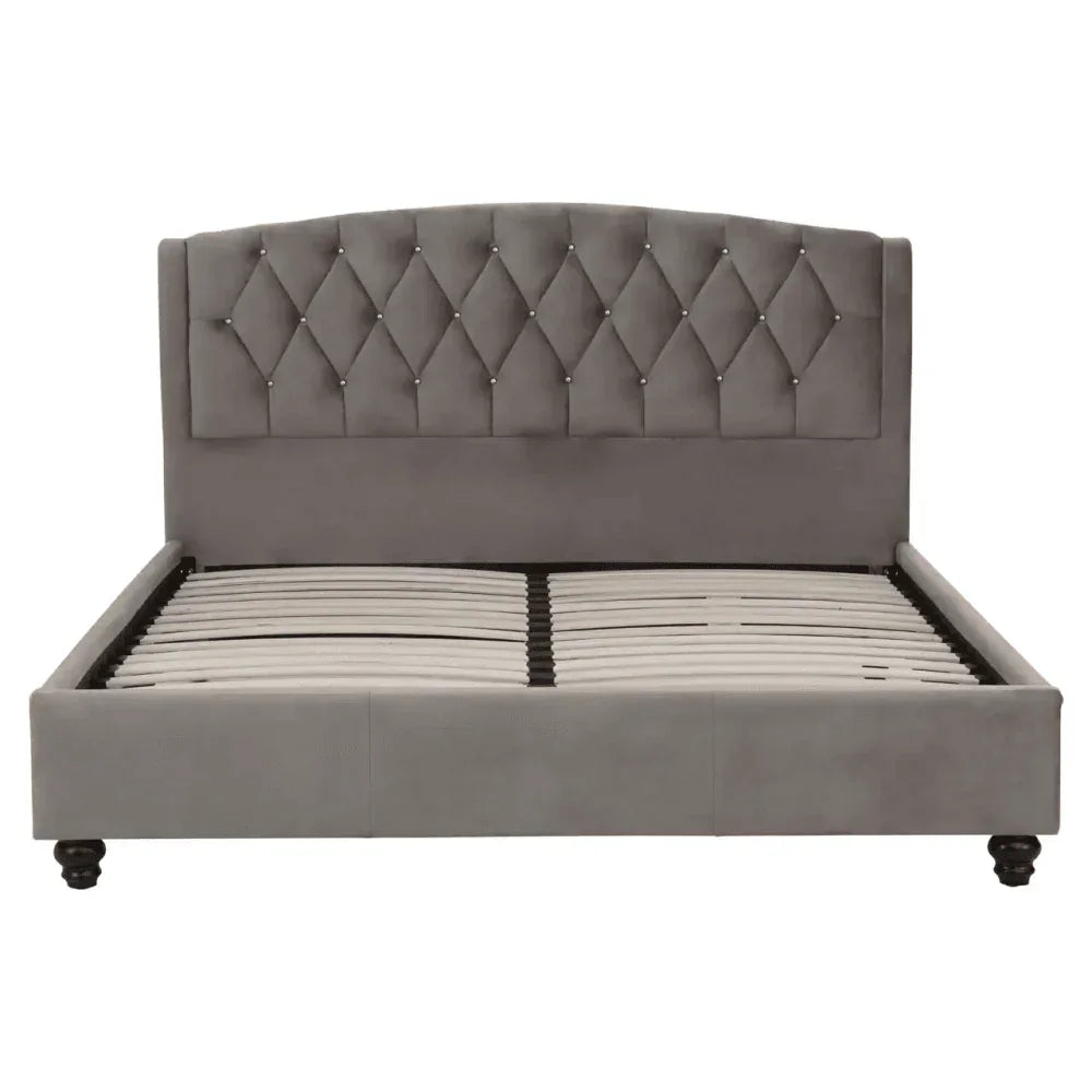 Grey upholstered bed frame with diamond-tufted headboard and wooden slats, front view