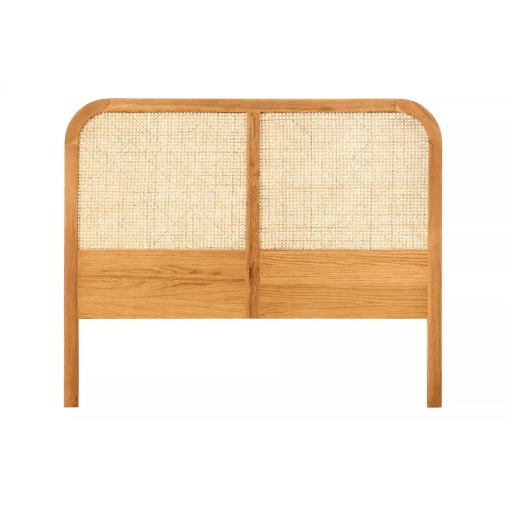 Light oak wooden headboard with woven cane panel, straight front view