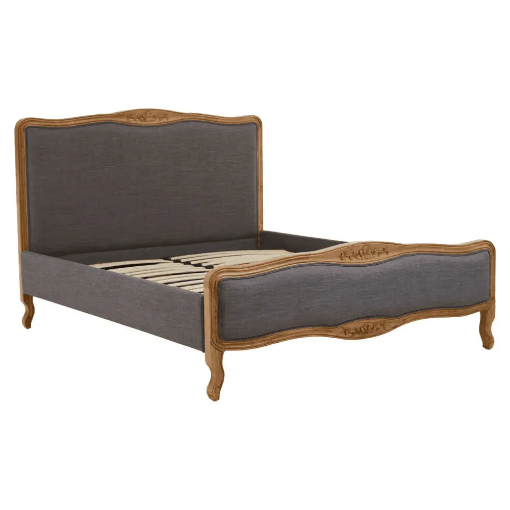Buy upholstered wooden bed frame online, classic gray fabric bed with carved wood accents