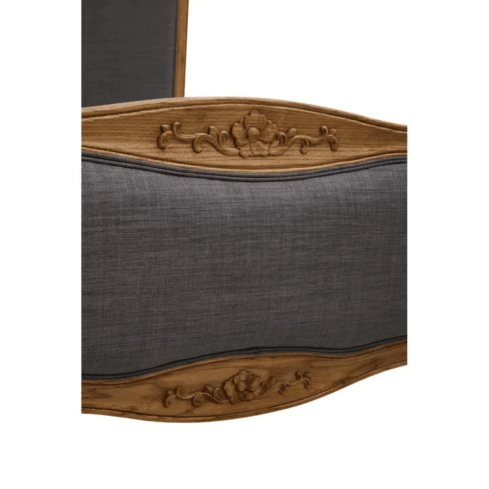 Buy upholstered bed frame with carved wood detail online, vintage headboard design