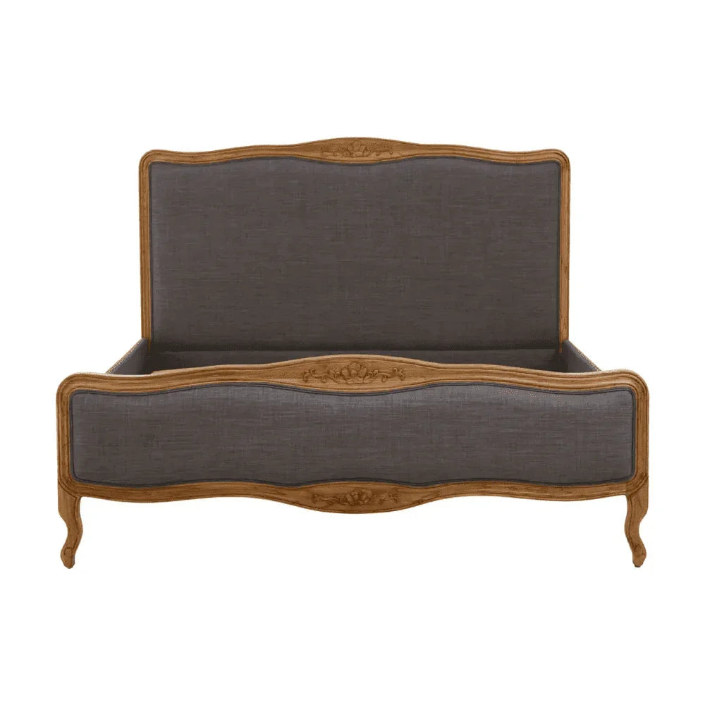 Buy French style wood and fabric bed frame online, elegant carved headboard, luxury bed