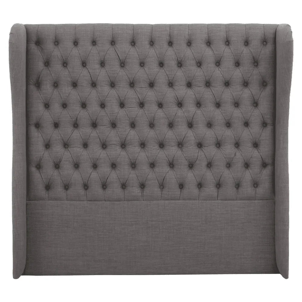 Grey upholstered bed headboard with deep button tufting and winged sides, front view
