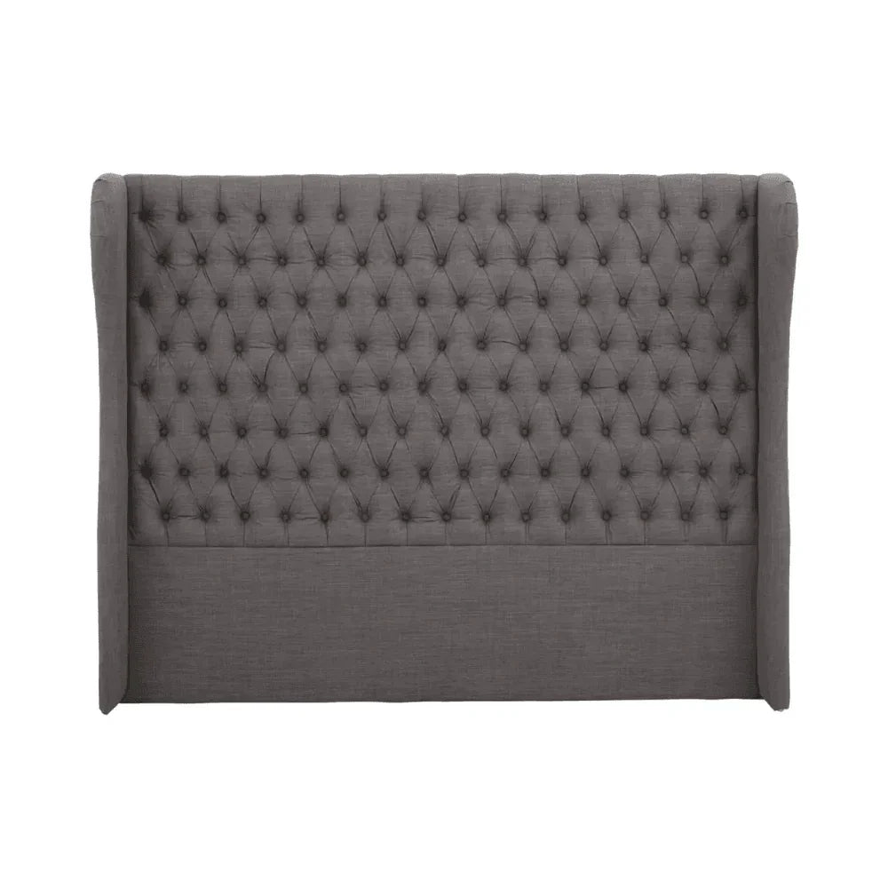 Grey upholstered bed headboard with deep button tufting and winged sides, front view