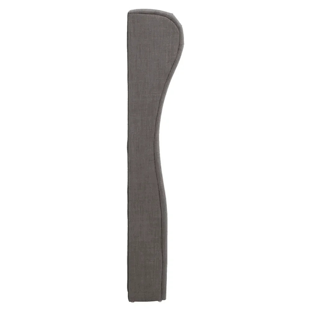 Grey upholstered bed headboard side panel with curved edge, side view