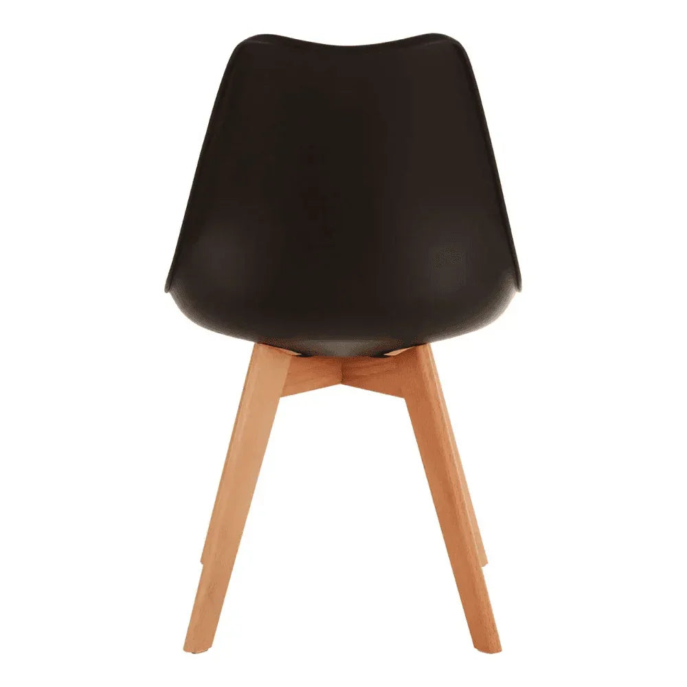 Black dining chair with wooden legs, rear view of seat and angled frame