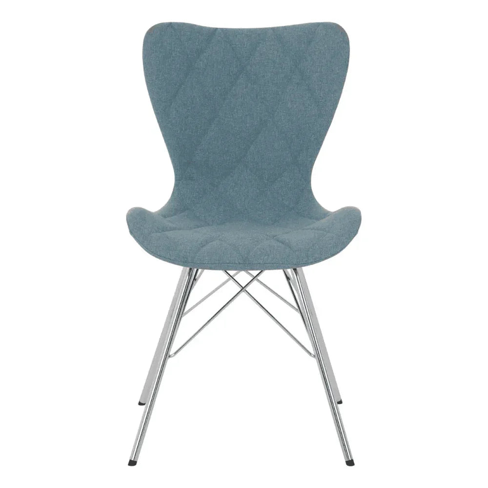 Blue fabric dining chair with metal legs and quilted seat, front view