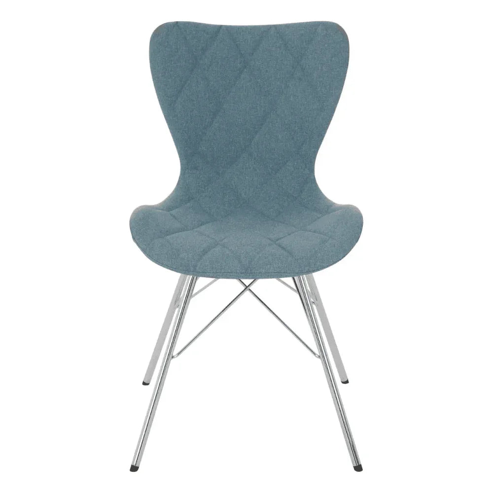 Blue fabric dining chair with diamond stitching and chrome legs, front view