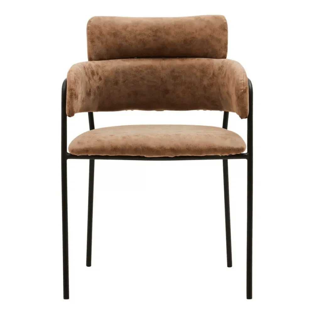 Buy modern brown upholstered dining chair online, velvet seat with black metal frame