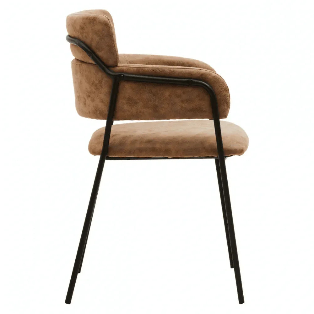 Buy modern brown upholstered armchair online, metal frame dining chair, contemporary seating