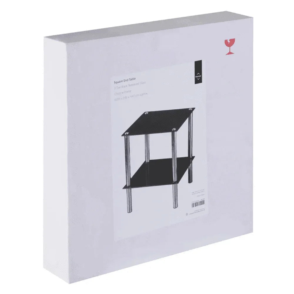 Square end table boxed package showing black two-tier design with chrome legs