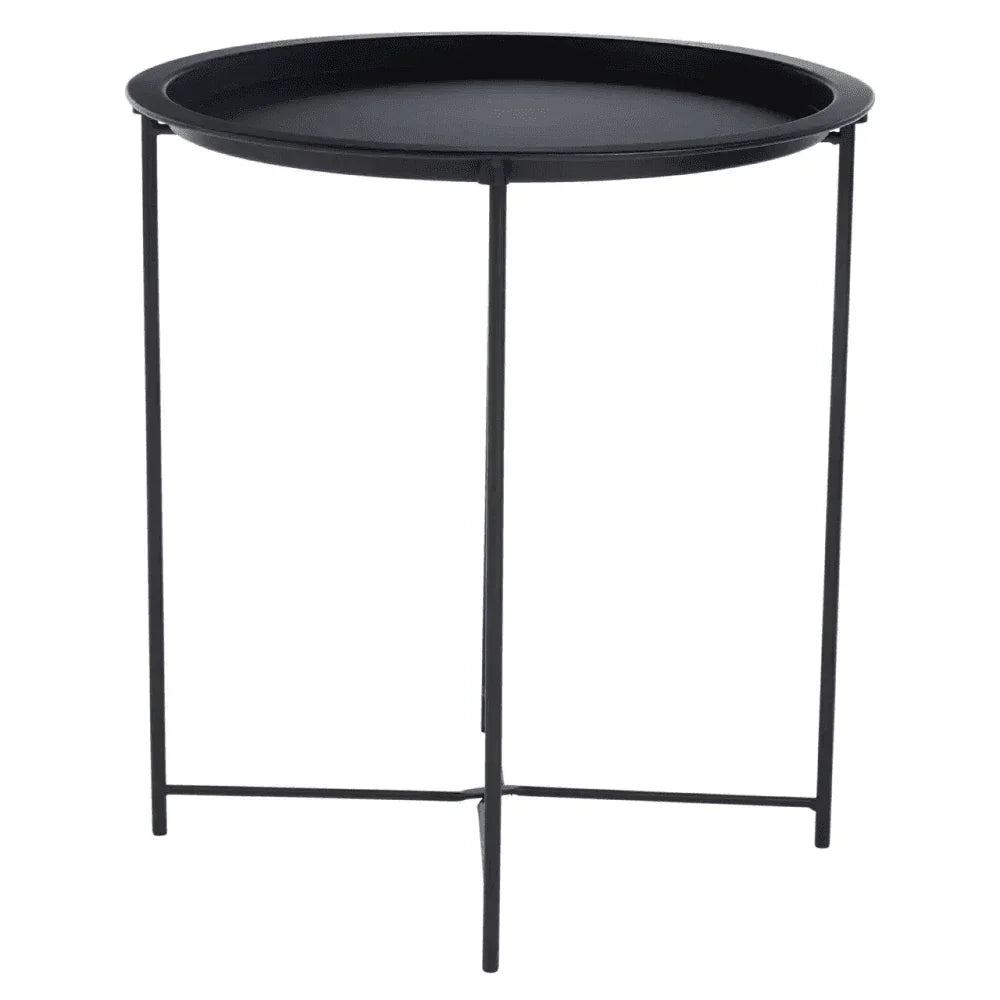 Black metal side table with round tray top and slim legs
