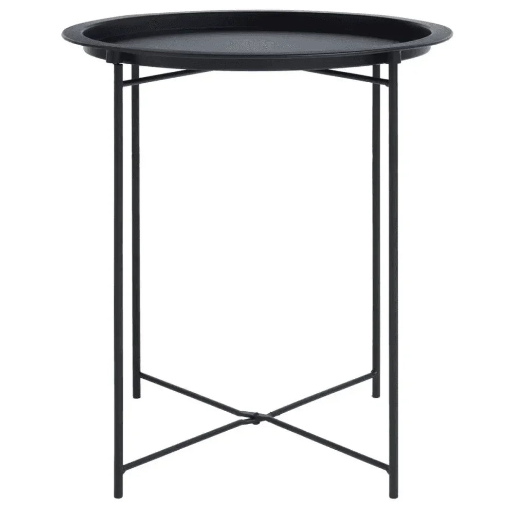 Black metal side table with round tray top and slender crossed legs