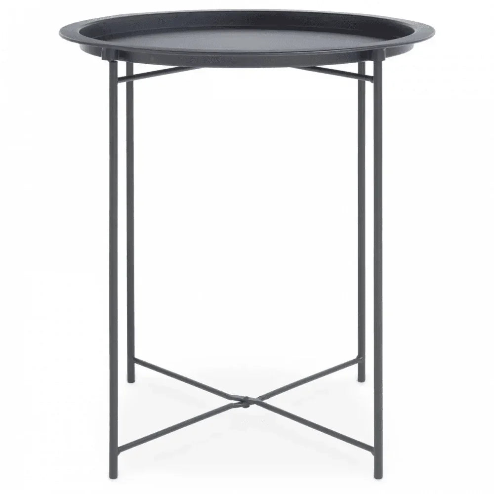 Round black metal side table with slim legs and cross base frame