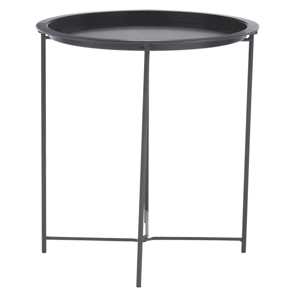 Round black metal side table with raised edge and slim legs