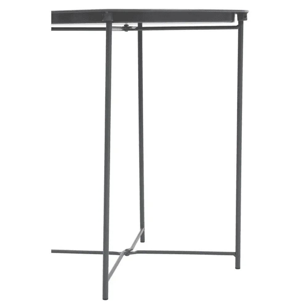 Black metal side table with slim square frame and crossbar base, partial angle view