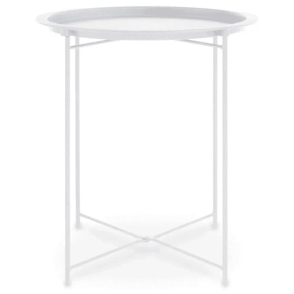 Round white metal side table with slim legs and raised edge tabletop