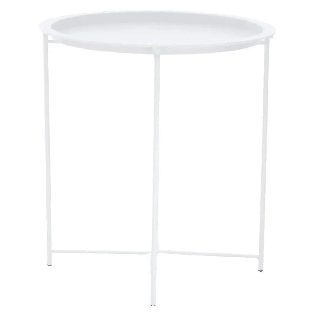 Round white metal side table with slim legs and raised edge