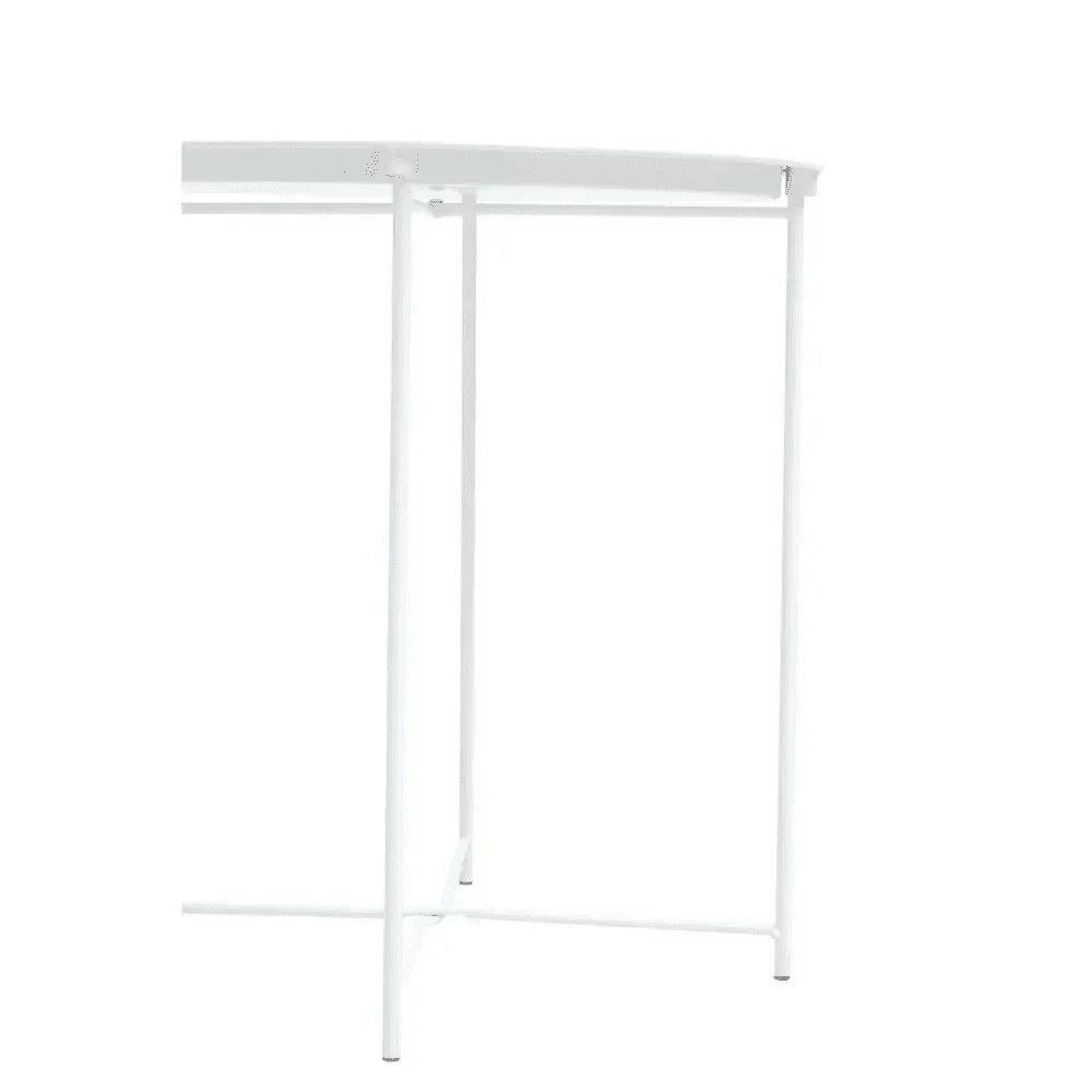 White metal table leg frame with a minimalist modern design, shown from side angle
