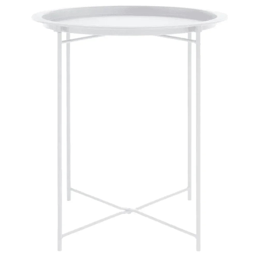 Round white metal side table with slim crossed legs and raised edge top