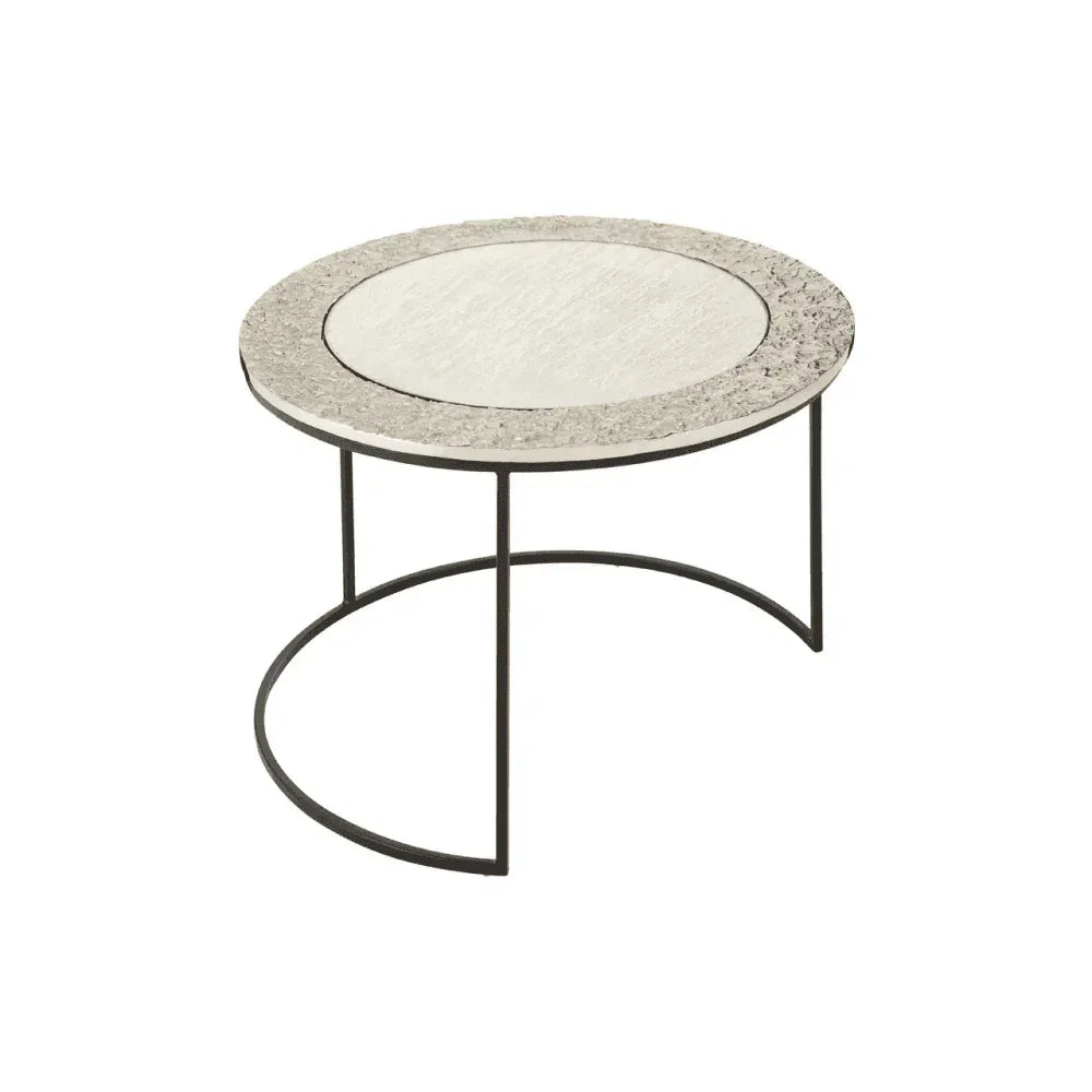Round marble top coffee table with black metal frame and textured outer edge