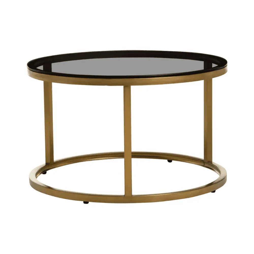 Round coffee table with black glass top and gold metal frame