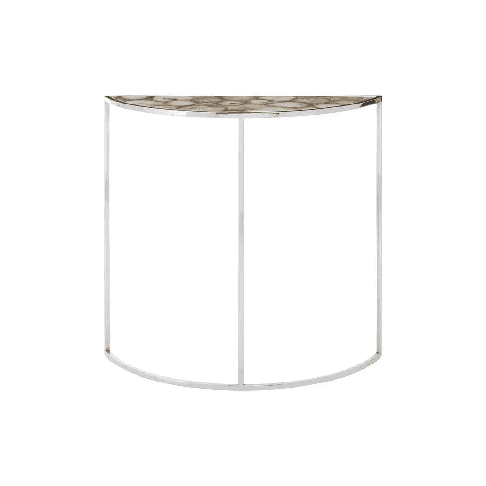 Half moon console table with marble top and slim chrome frame