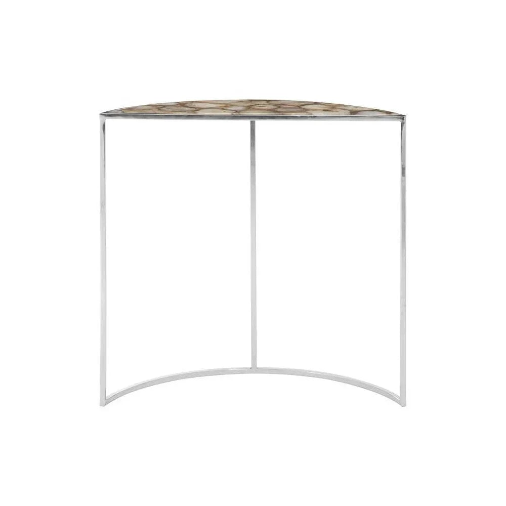 Half moon console table with silver metal frame and marble top