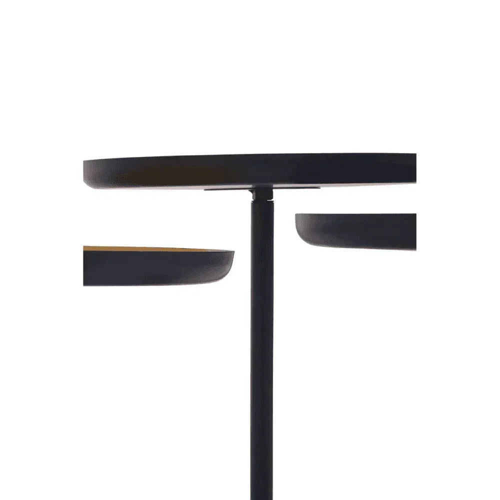 Black metal nesting side tables with round tops and central support, modern living room furniture