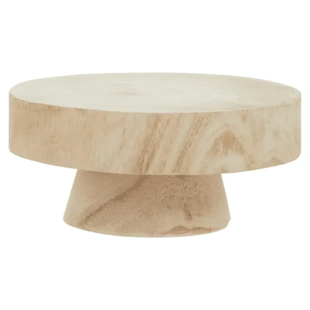Round wooden coffee table with natural finish and wide base