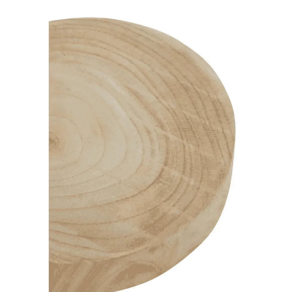 Closeup of round wooden tabletop with visible natural wood grain pattern