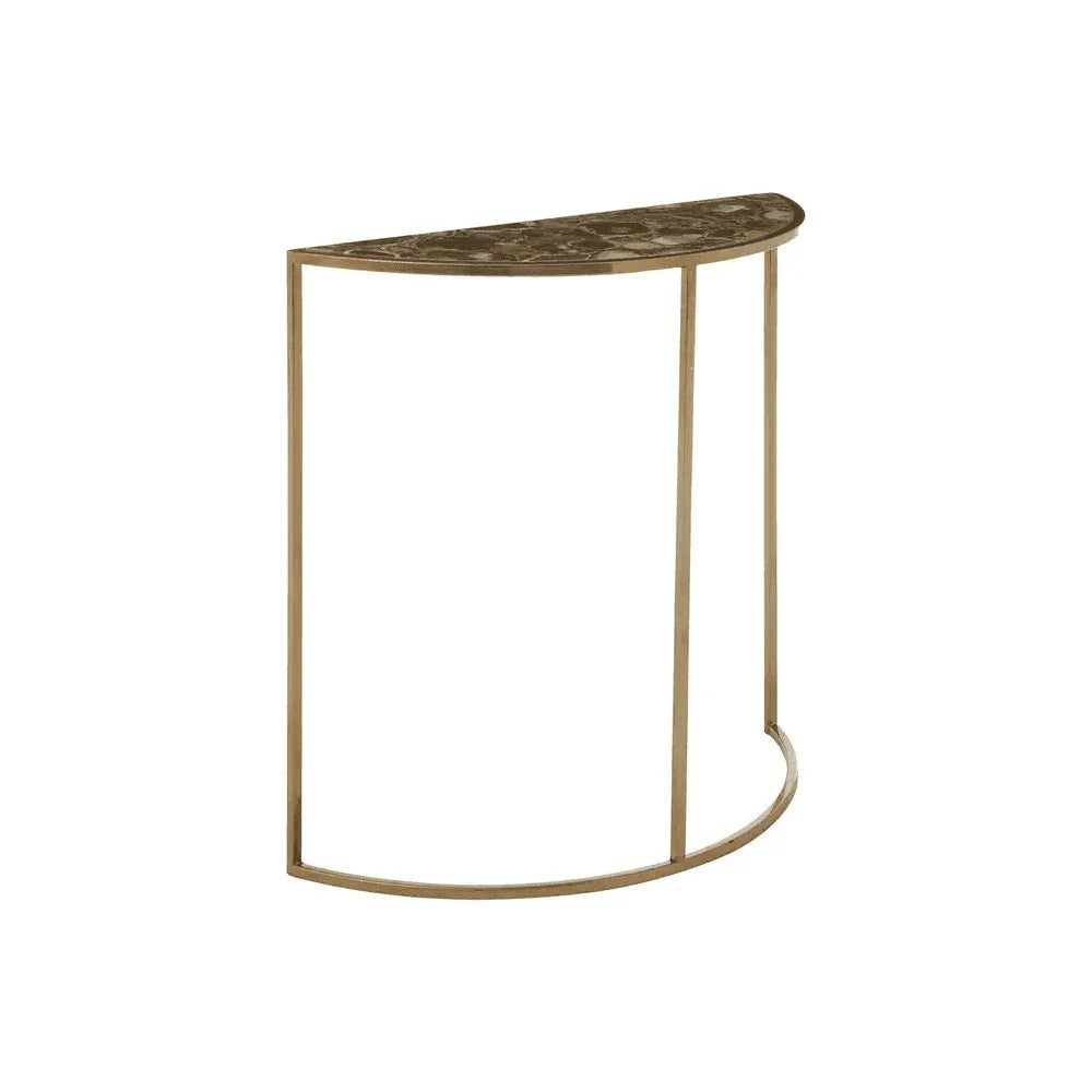 Gold metal console table with marble effect top and slim half-moon frame
