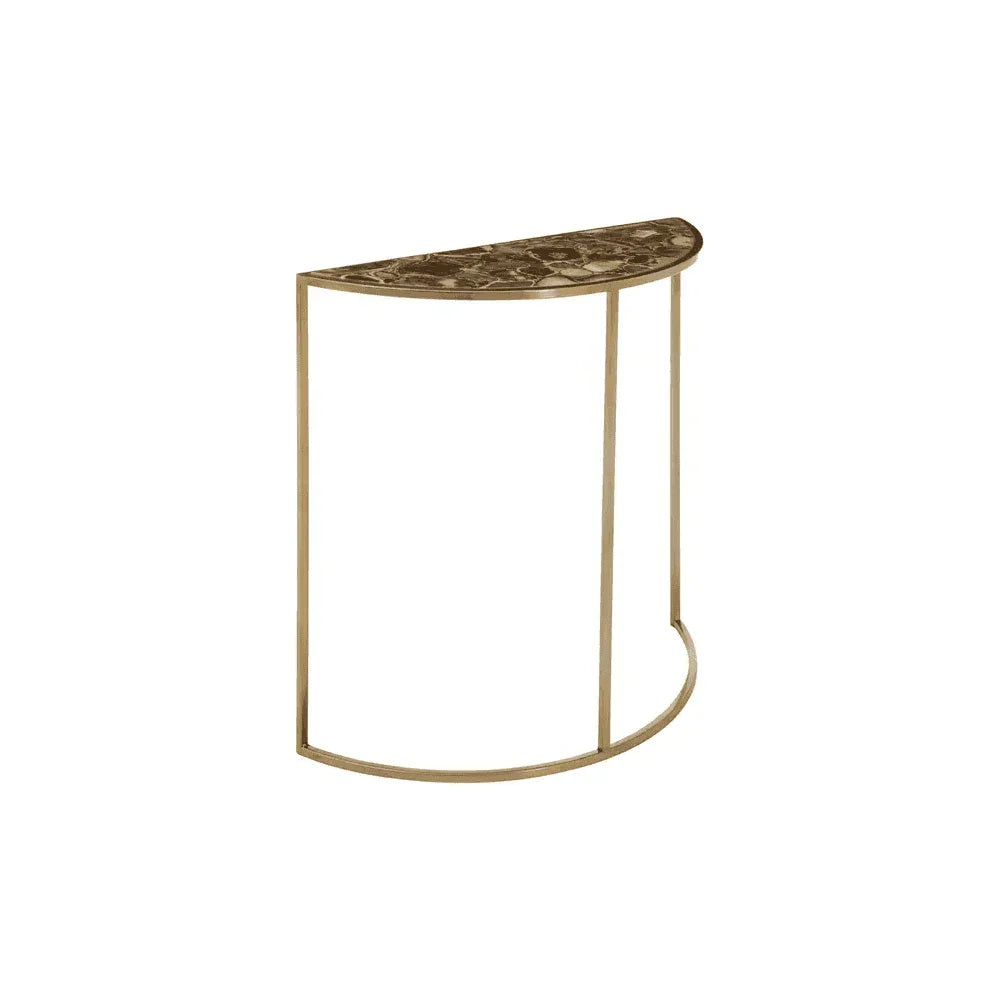 Half moon console table with gold marble top and slim gold metal frame