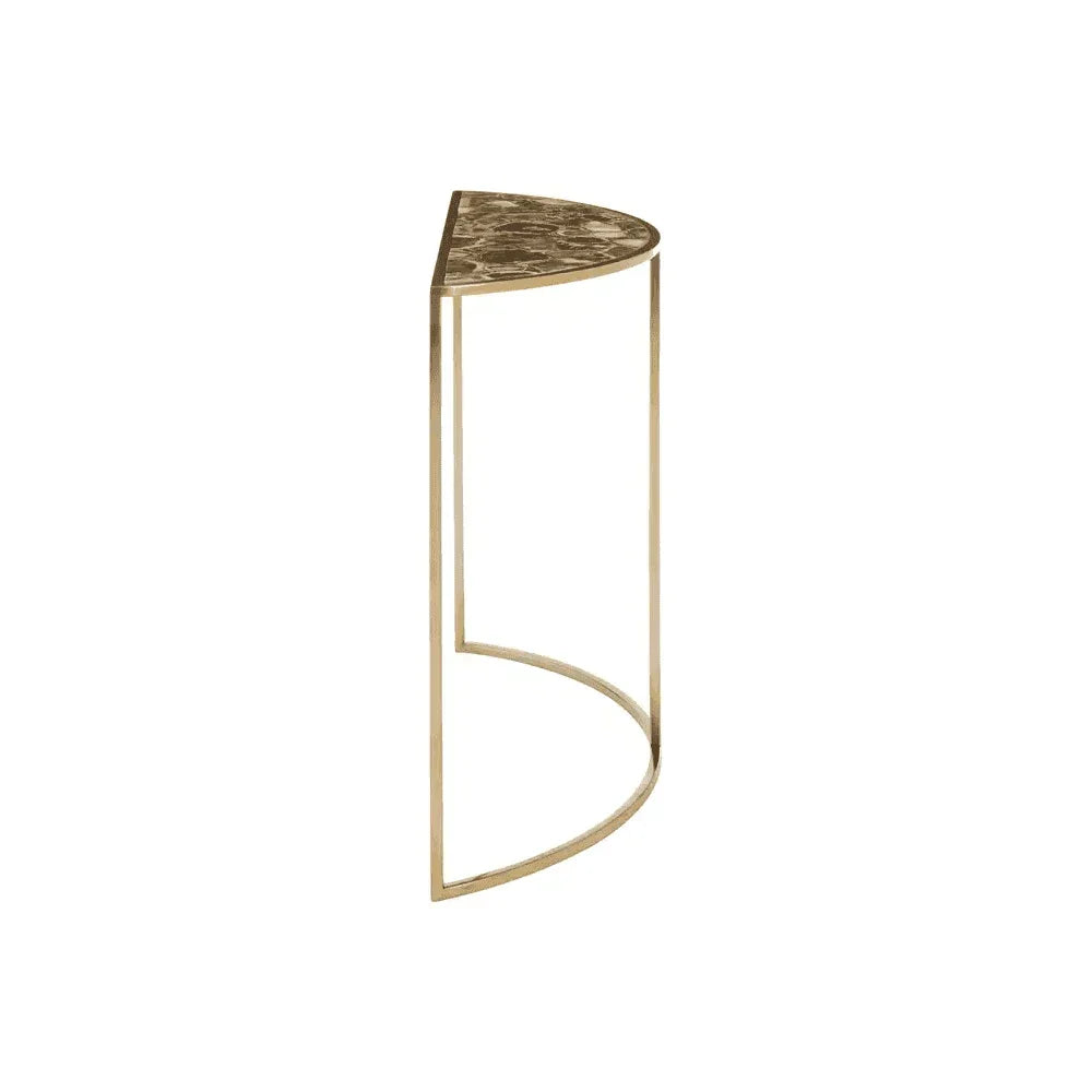 Half moon console table with gold metal frame and marble top, side view