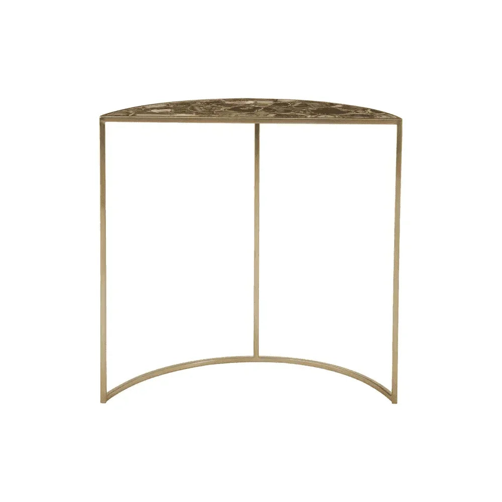 Gold metal console table with decorative patterned top and semi-circle shape