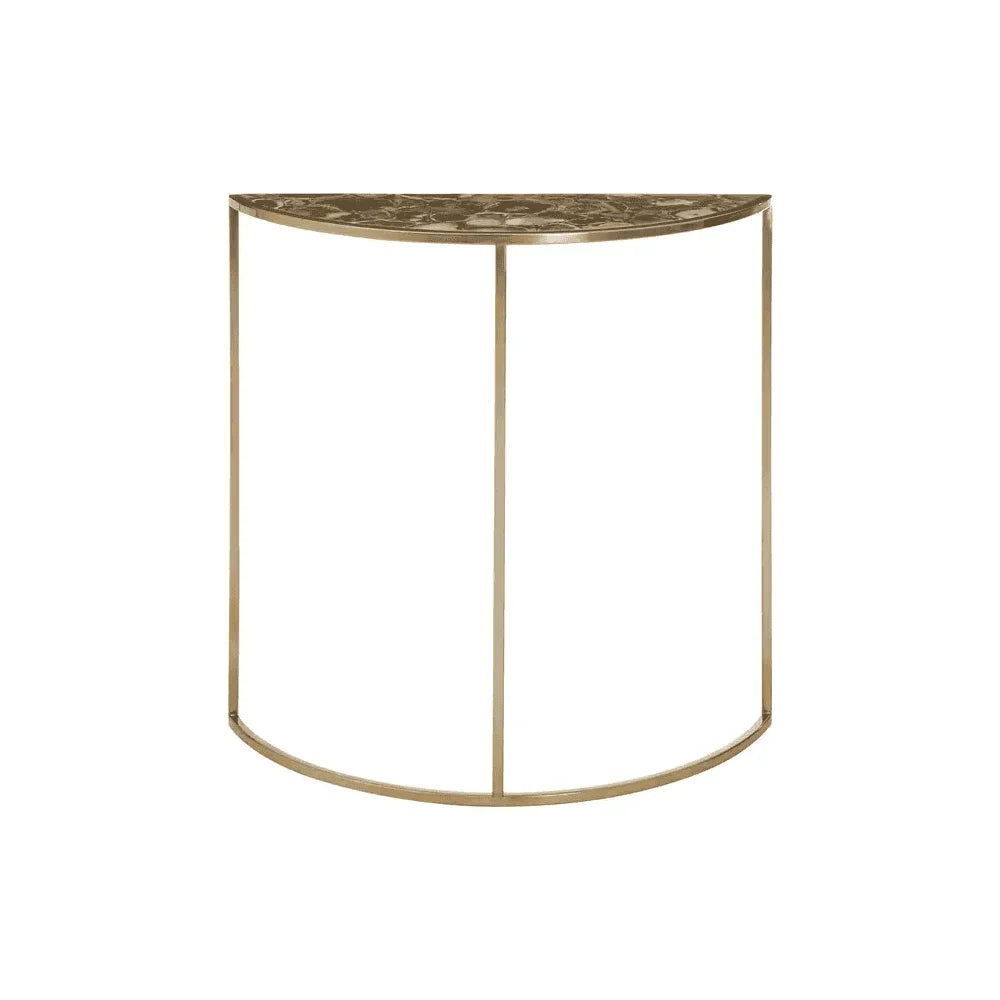Gold metal console table with half-moon shape and engraved patterned top