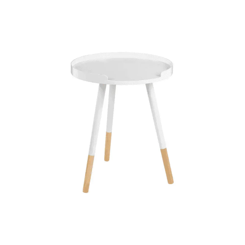 Round white side table with three wooden legs and raised tray edge