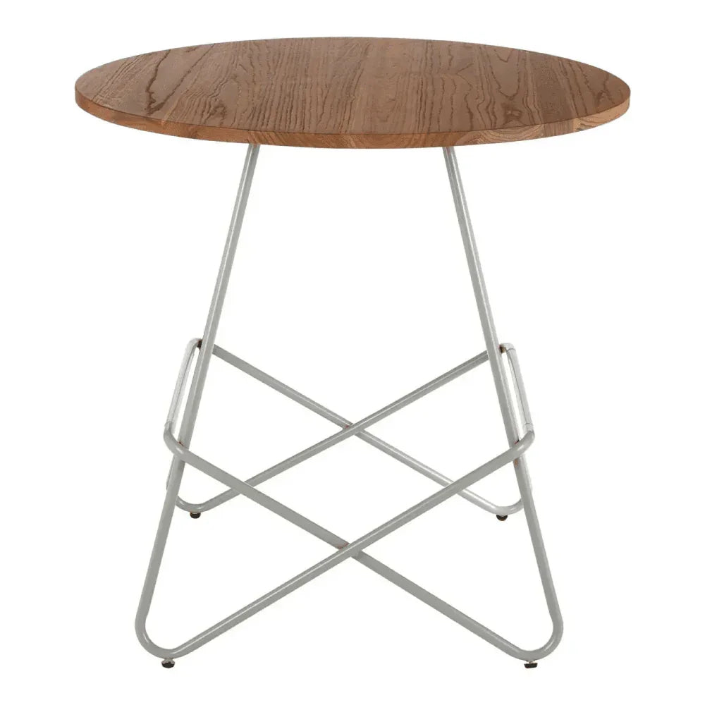 Round wooden side table with silver metal crossed legs and minimalist design