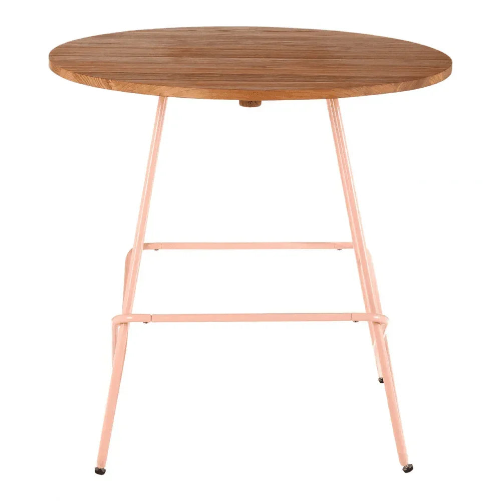 Round wooden dining table with light pink metal legs, modern minimalist design