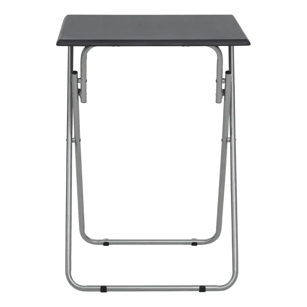 Black folding table with metal legs, front view, ideal for compact spaces