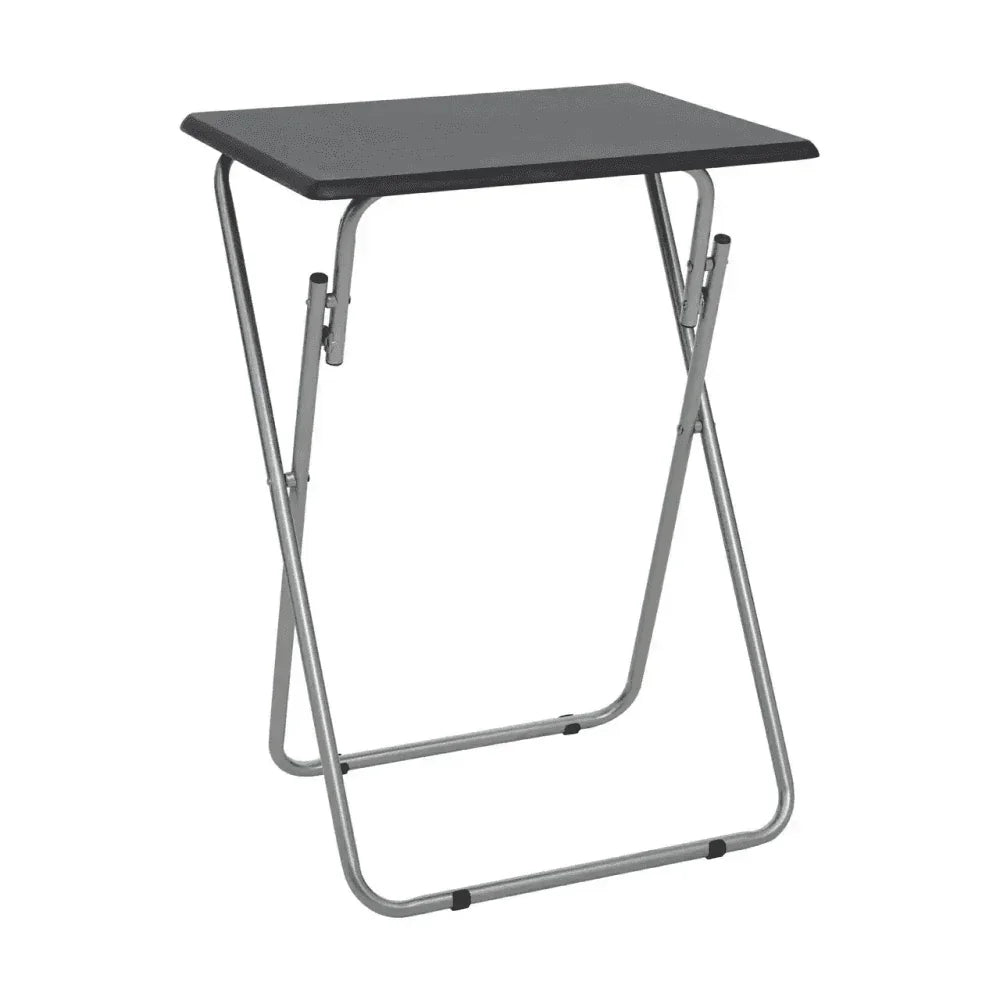 Black folding table with rectangular top and silver metal legs, angled side view