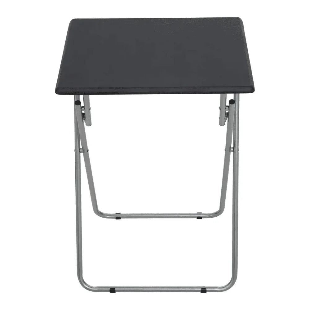 Black folding table with metal legs viewed from the front