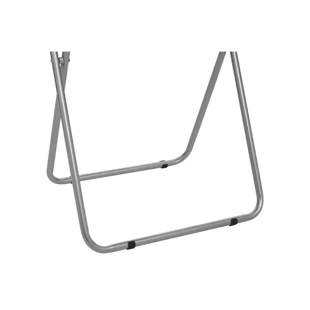 Silver metal folding chair frame with rubber feet close-up