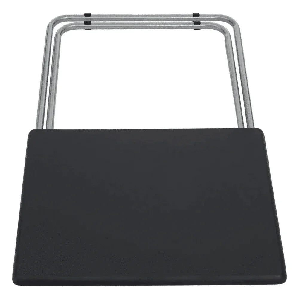 Black folding chair with metal frame, viewed from above showing seat and legs
