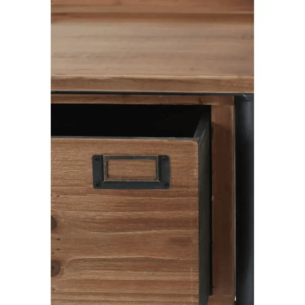 Close-up of wooden drawer with metal handle on furniture cabinet