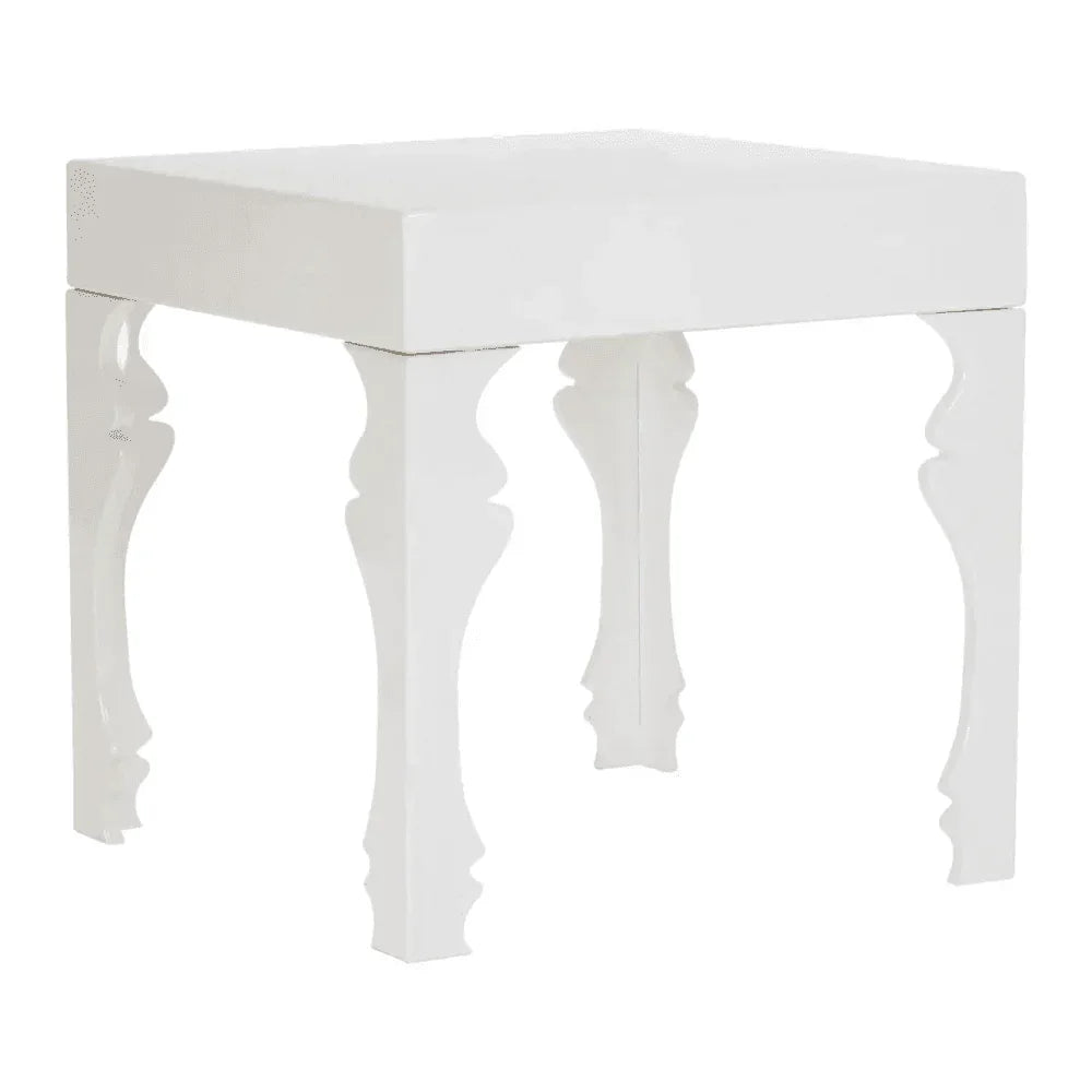 White gloss side table with decorative cut-out legs and square top