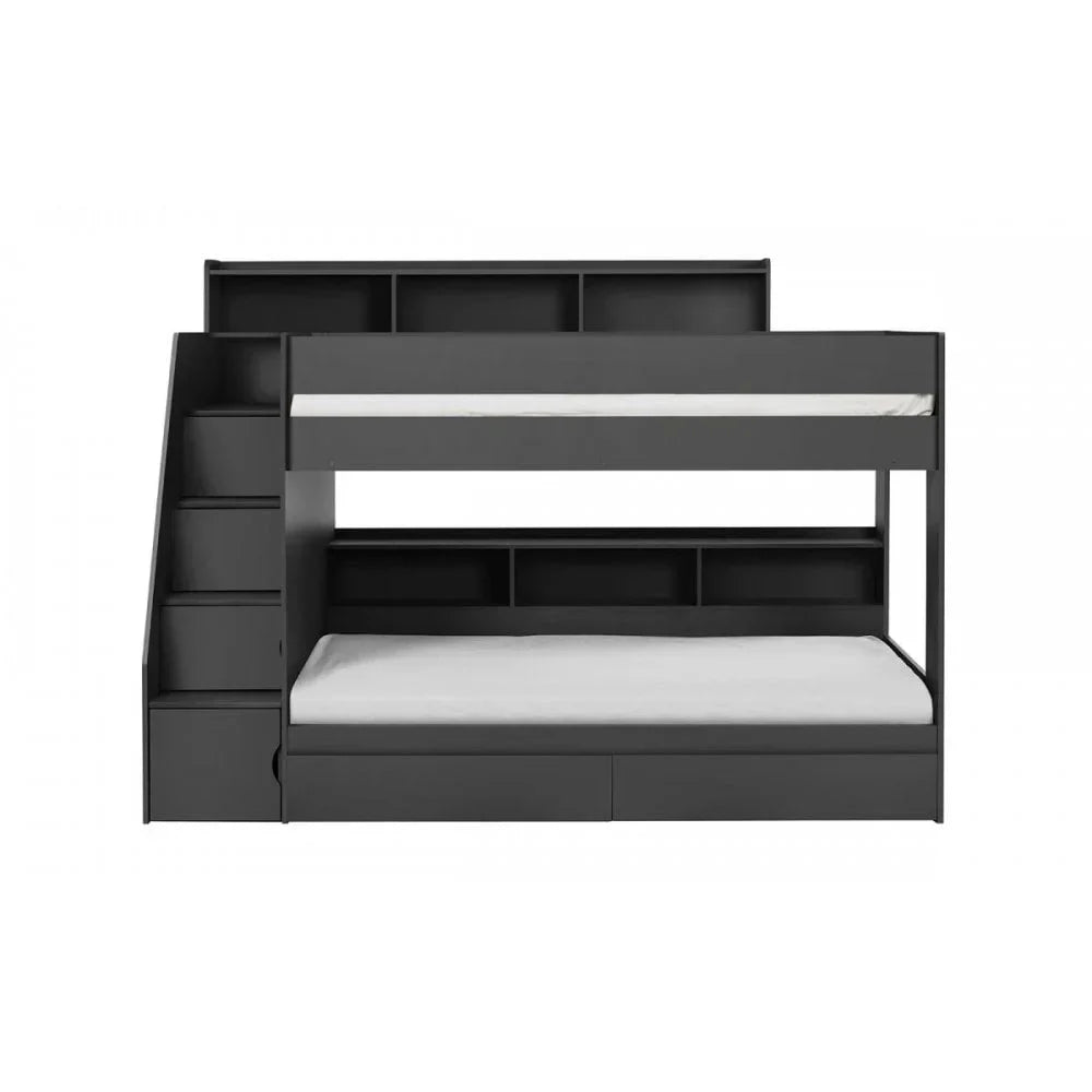 Black bunk bed with side stairs, underbed drawers, and built-in shelving storage